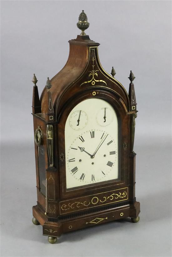 A large Regency brass inset mahogany repeating chiming bracket clock, width 19in. depth 9.5in. height 37.25in.